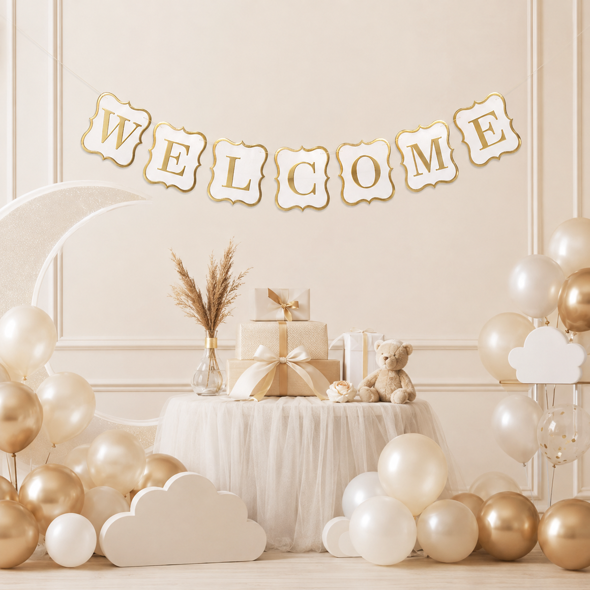 Welcome Banner White & Gold - 9FT