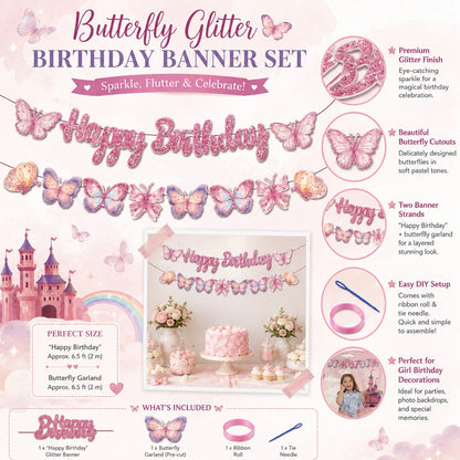 Happy Birthday Pink Glitter Butterfly Banner - 9FT