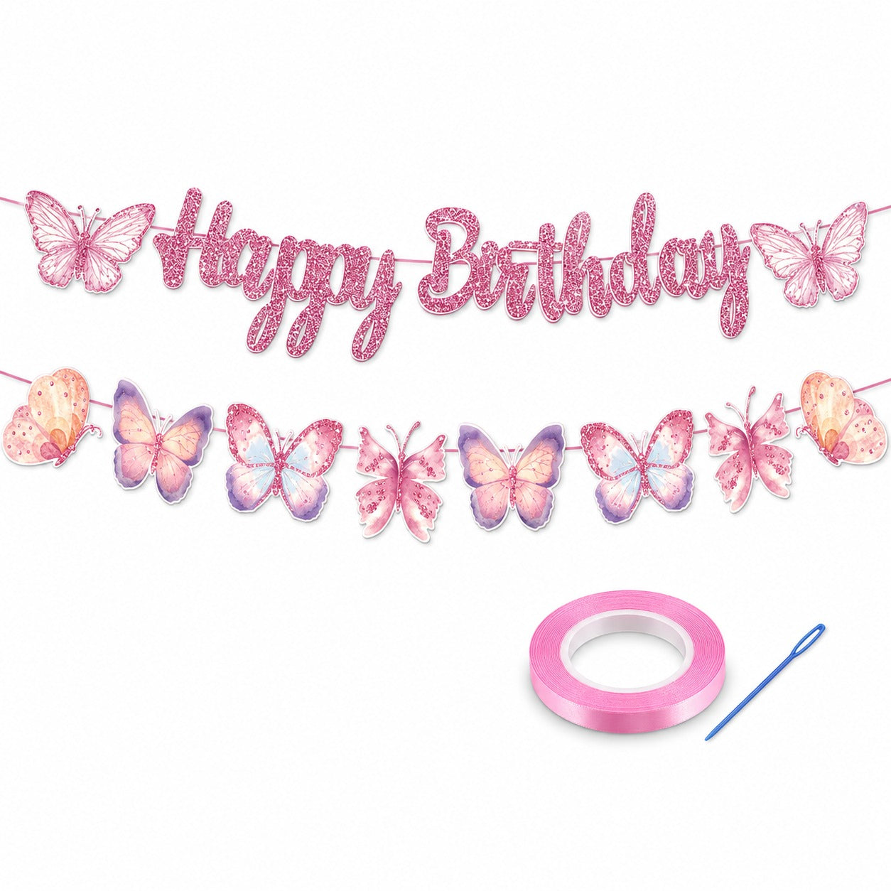 Happy Birthday Pink Glitter Butterfly Banner - 9FT