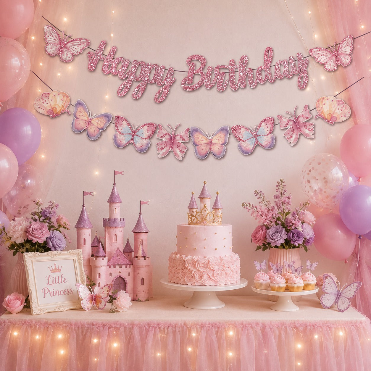 Happy Birthday Pink Glitter Butterfly Banner - 9FT