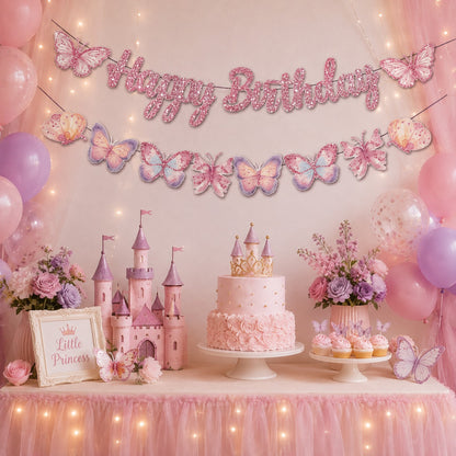Happy Birthday Pink Glitter Butterfly Banner - 9FT