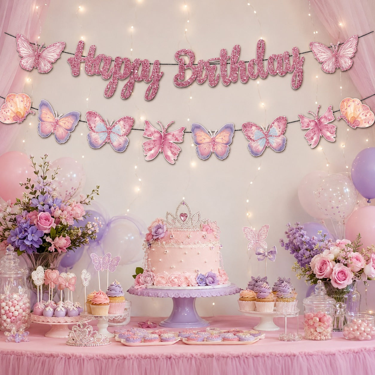 Happy Birthday Pink Glitter Butterfly Banner - 9FT