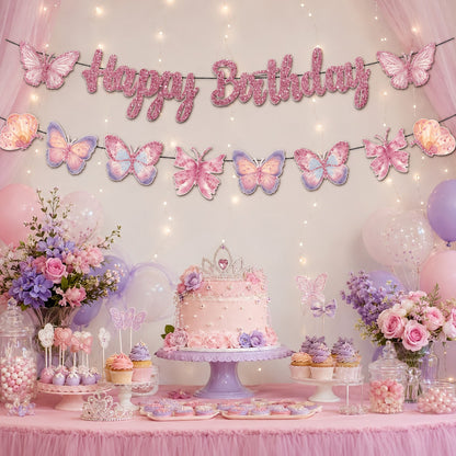 Happy Birthday Pink Glitter Butterfly Banner - 9FT