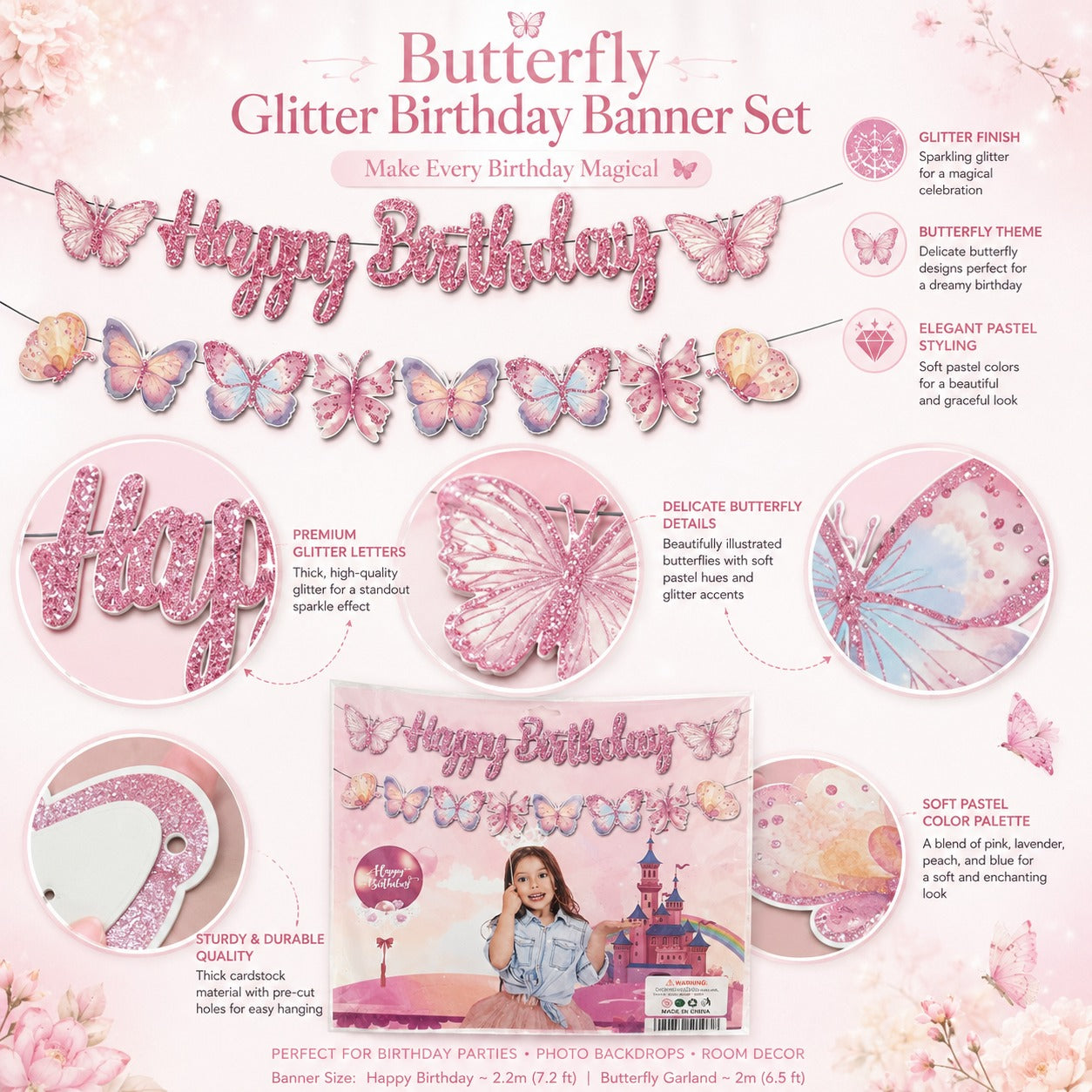 Happy Birthday Pink Glitter Butterfly Banner - 9FT