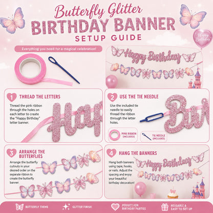 Happy Birthday Pink Glitter Butterfly Banner - 9FT