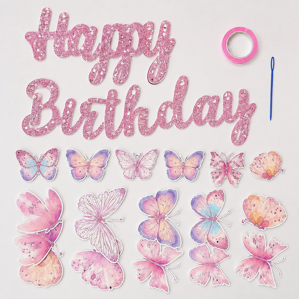 Happy Birthday Pink Glitter Butterfly Banner - 9FT