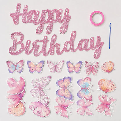 Happy Birthday Pink Glitter Butterfly Banner - 9FT