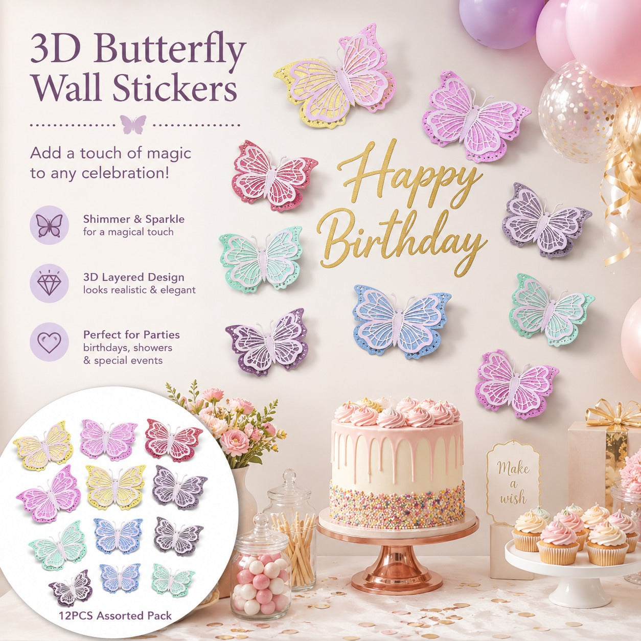 Pastel Butterfly Glitter 3D Cutouts - 12PC