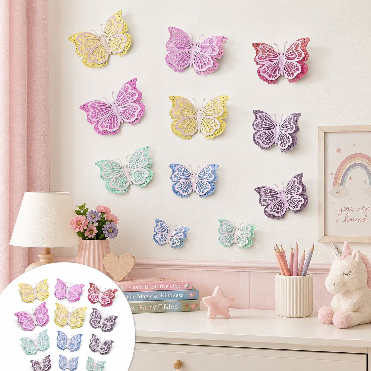 Pastel Butterfly Glitter 3D Cutouts - 12PC