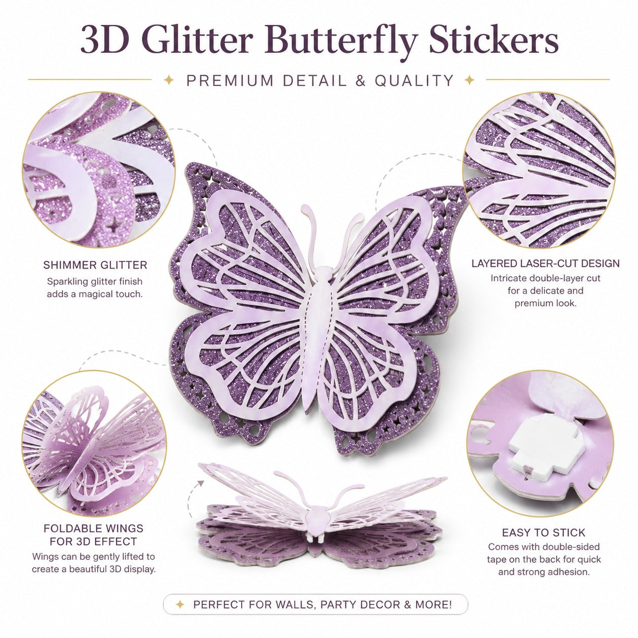 Pastel Butterfly Glitter 3D Cutouts - 12PC