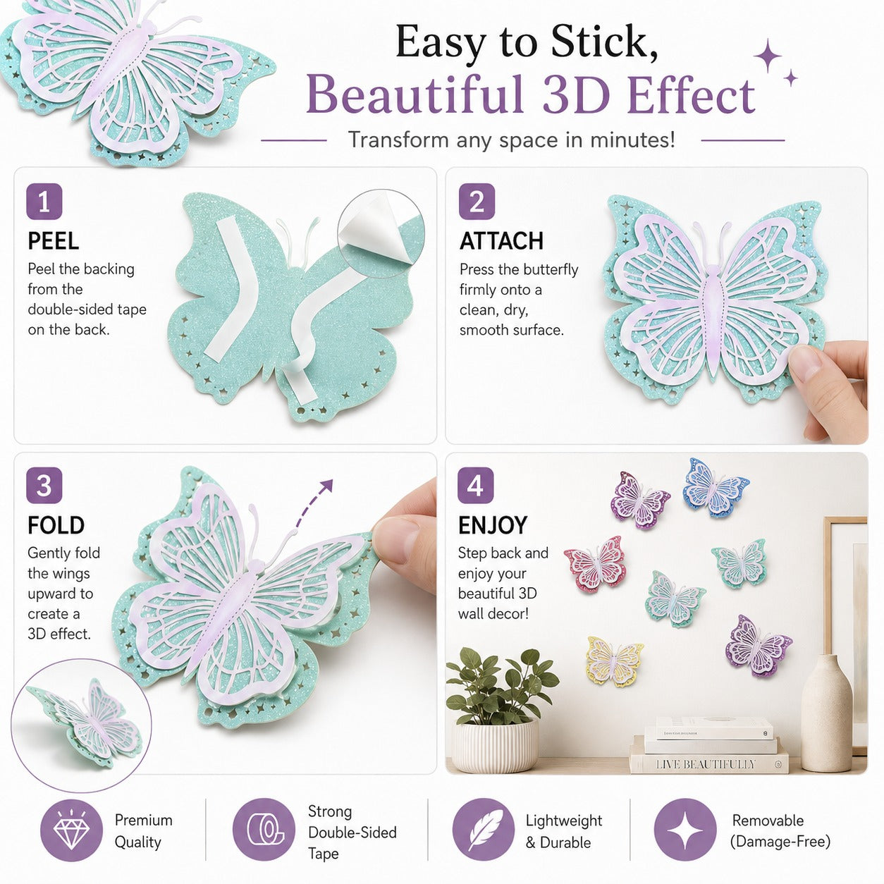 Pastel Butterfly Glitter 3D Cutouts - 12PC