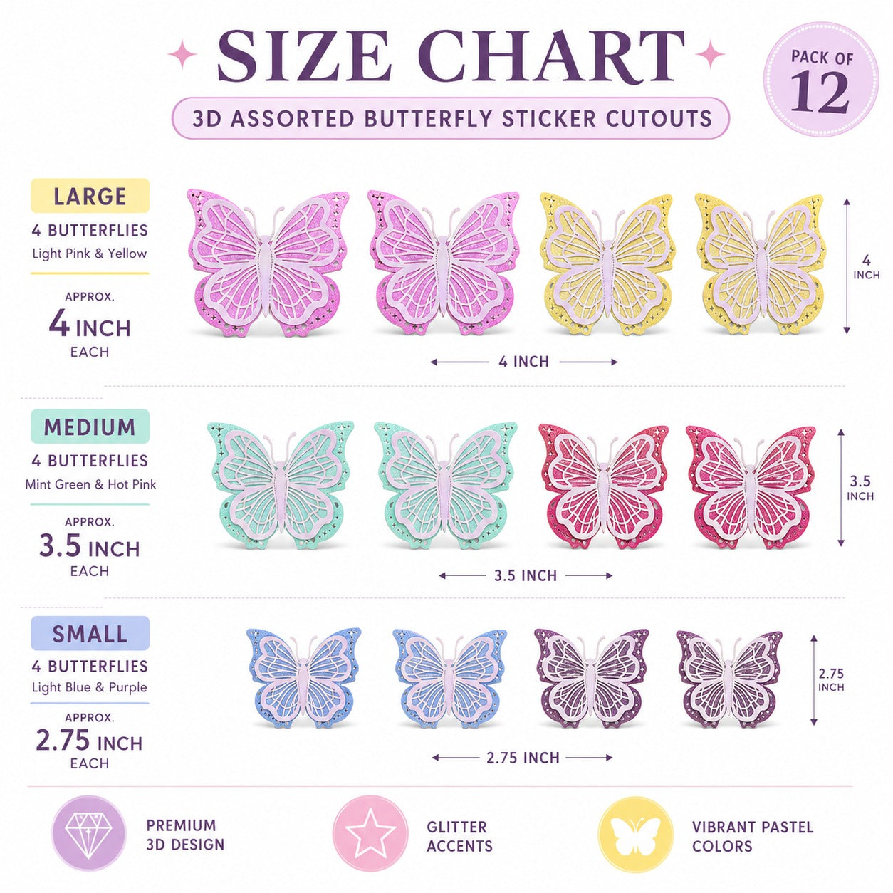 Pastel Butterfly Glitter 3D Cutouts - 12PC