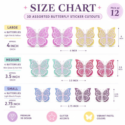 Pastel Butterfly Glitter 3D Cutouts - 12PC