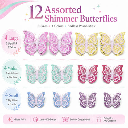 Pastel Butterfly Glitter 3D Cutouts - 12PC
