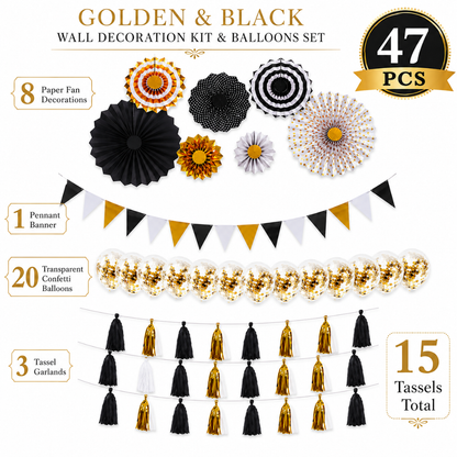 Golden & Black Wall Decoration Kit & Balloons Set - Set of 47PC