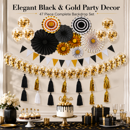 Golden & Black Wall Decoration Kit & Balloons Set - Set of 47PC