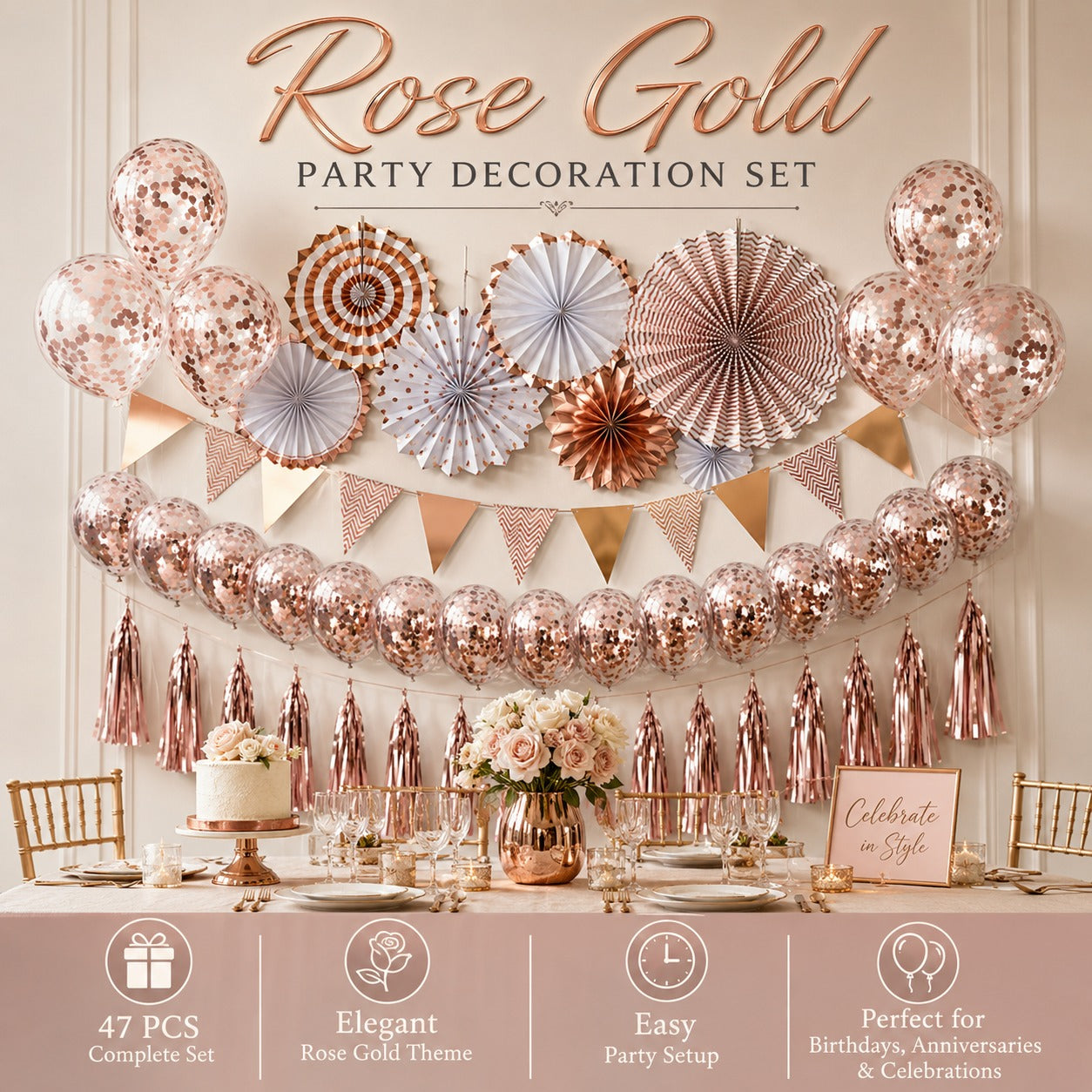 Rose Gold Wall Decoration Kit & Balloons - 47PC Set