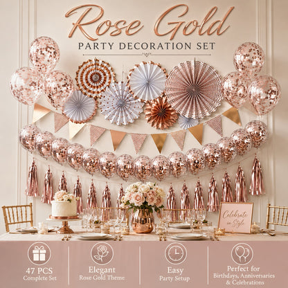 Rose Gold Wall Decoration Kit & Balloons - 47PC Set