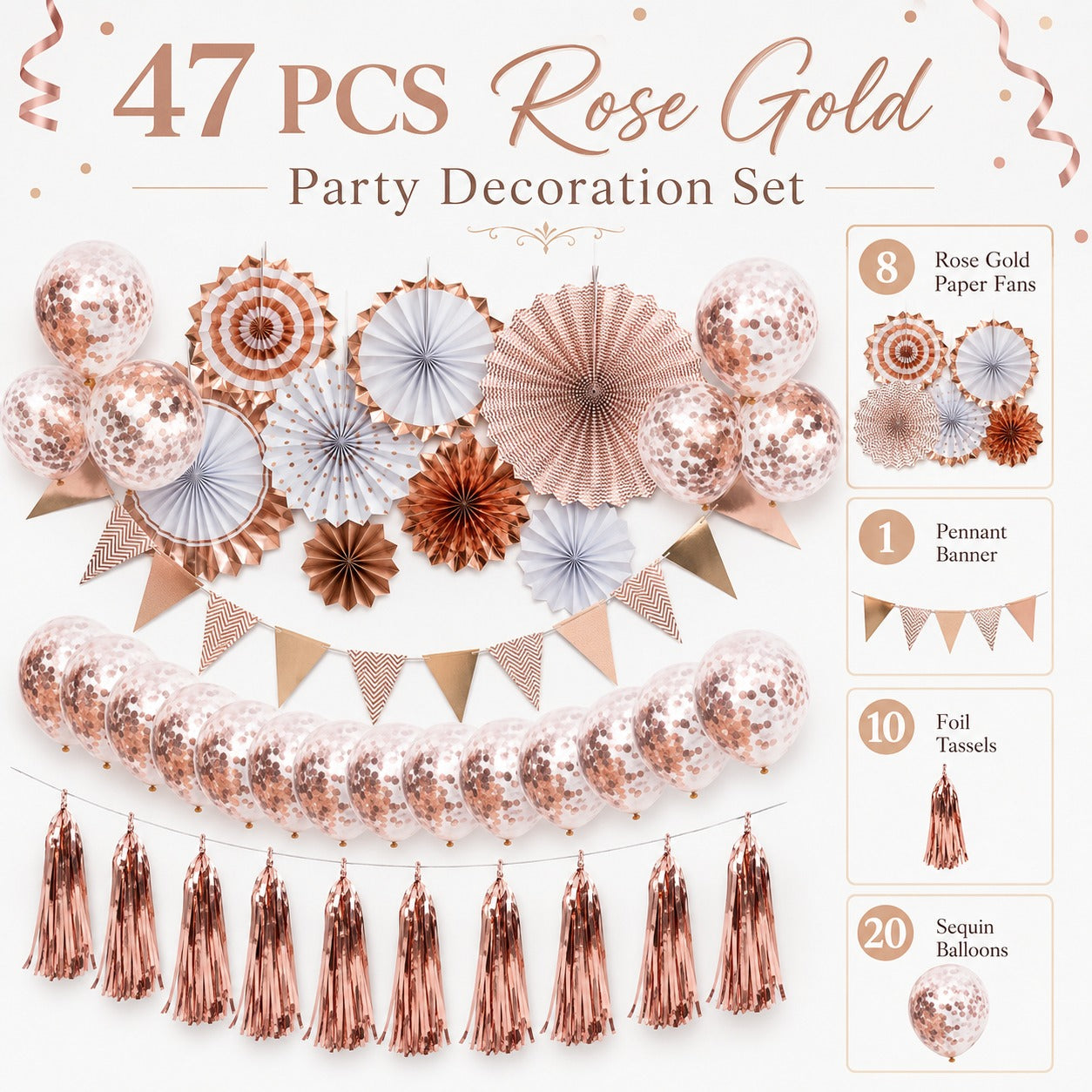 Rose Gold Wall Decoration Kit & Balloons - 47PC Set