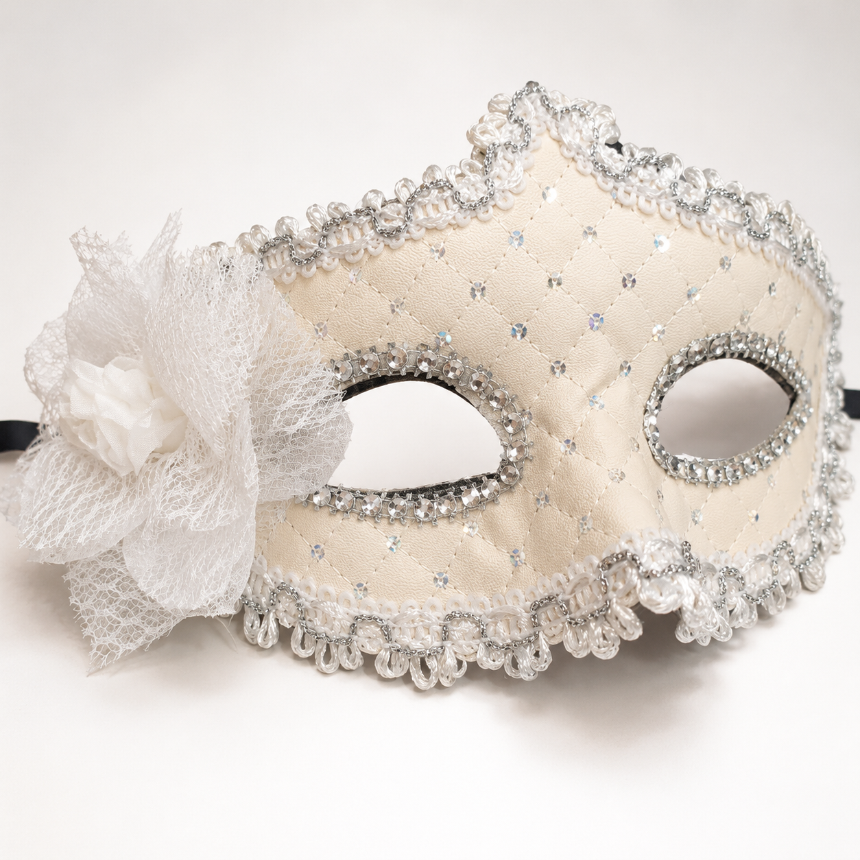 Premium Luxury White Leatherite Mask with Flower - 1PC