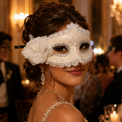 Premium Luxury White Leatherite Mask with Flower - 1PC