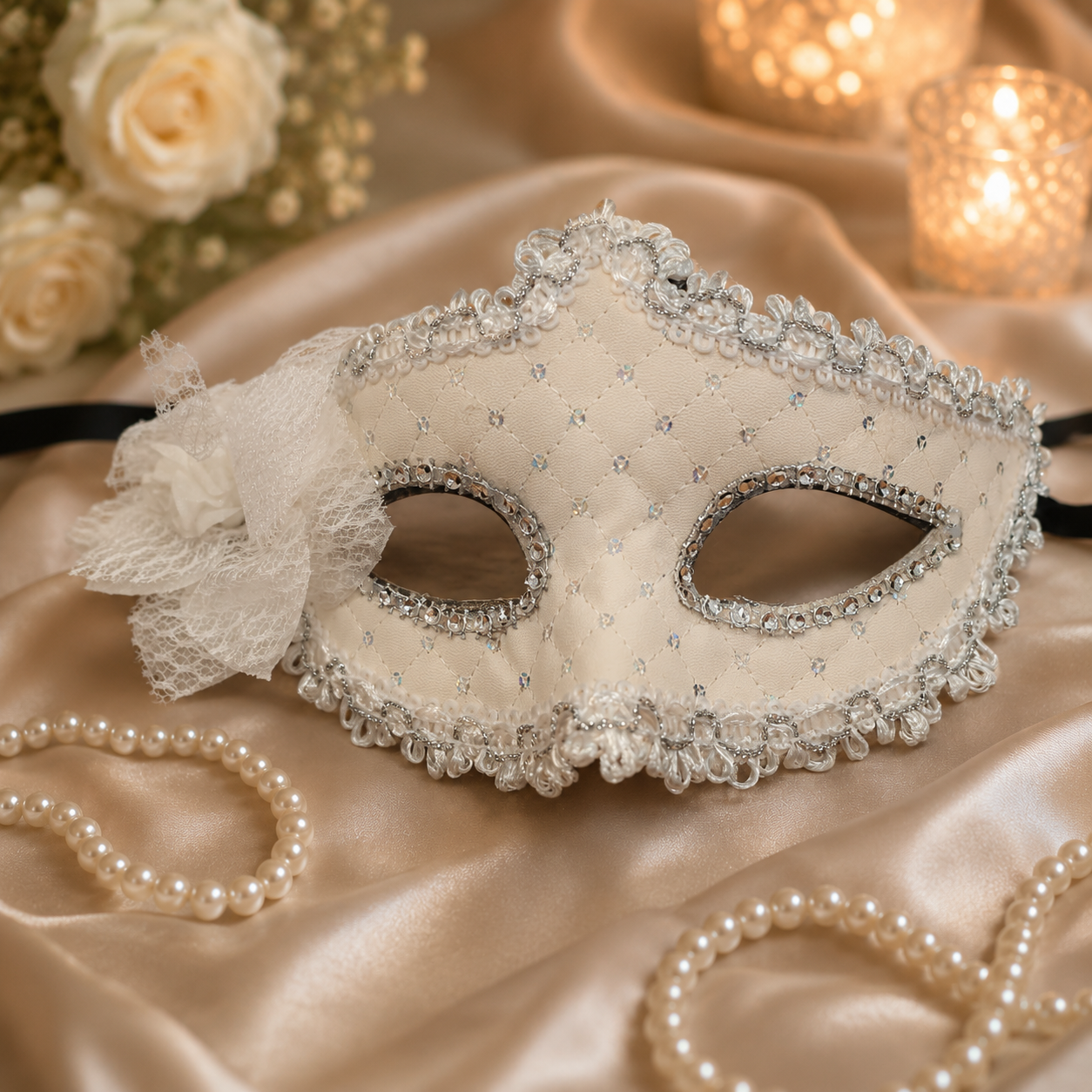 Premium Luxury White Leatherite Mask with Flower - 1PC