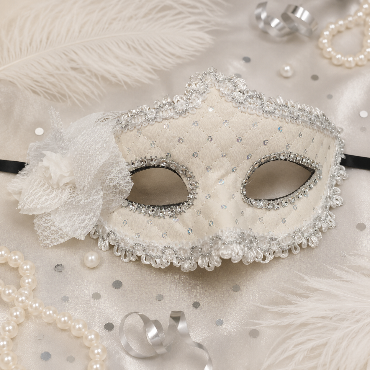 Premium Luxury White Leatherite Mask with Flower - 1PC