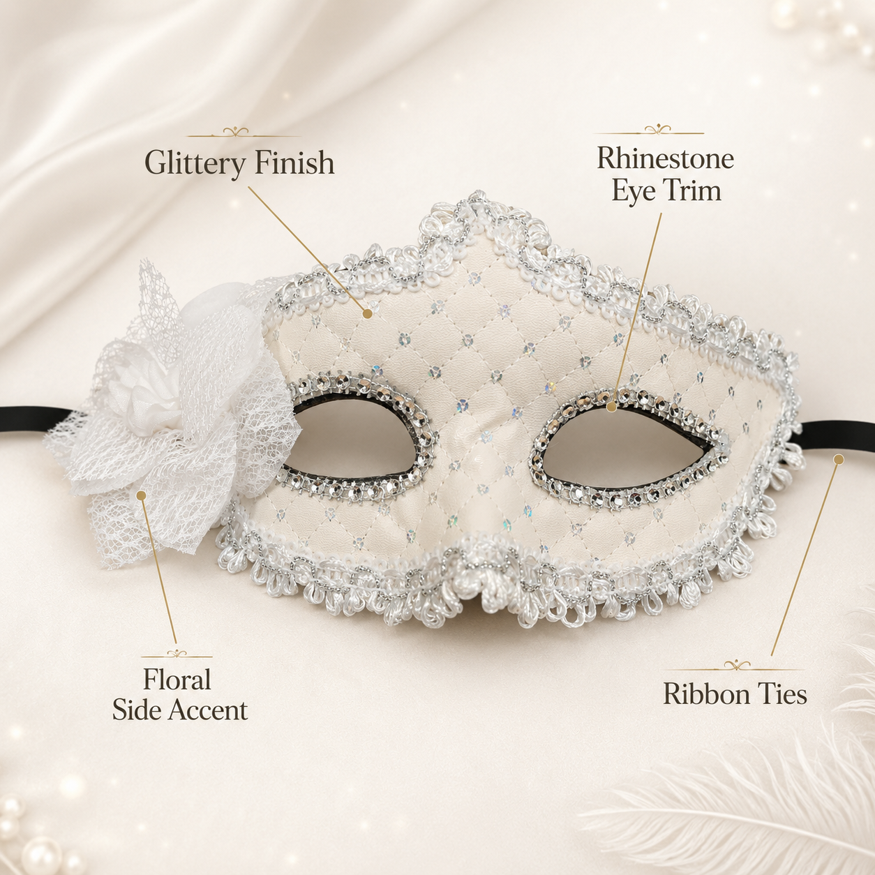Premium Luxury White Leatherite Mask with Flower - 1PC