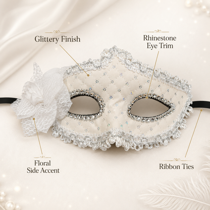 Premium Luxury White Leatherite Mask with Flower - 1PC
