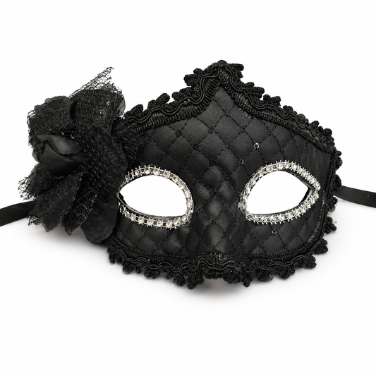 Premium Luxury Black Leatherite Mask with Flower - 1PC