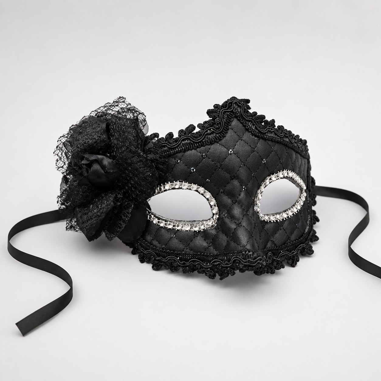 Premium Luxury Black Leatherite Mask with Flower - 1PC