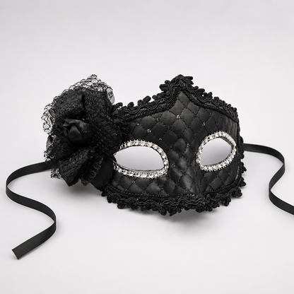 Premium Luxury Black Leatherite Mask with Flower - 1PC