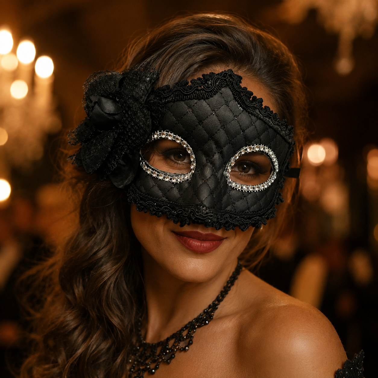 Premium Luxury Black Leatherite Mask with Flower - 1PC