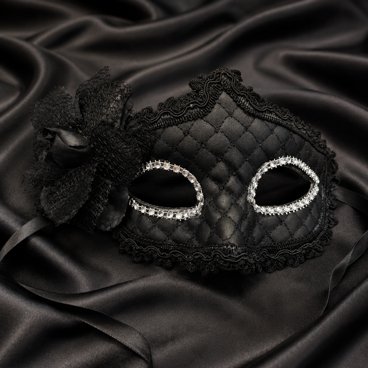 Premium Luxury Black Leatherite Mask with Flower - 1PC