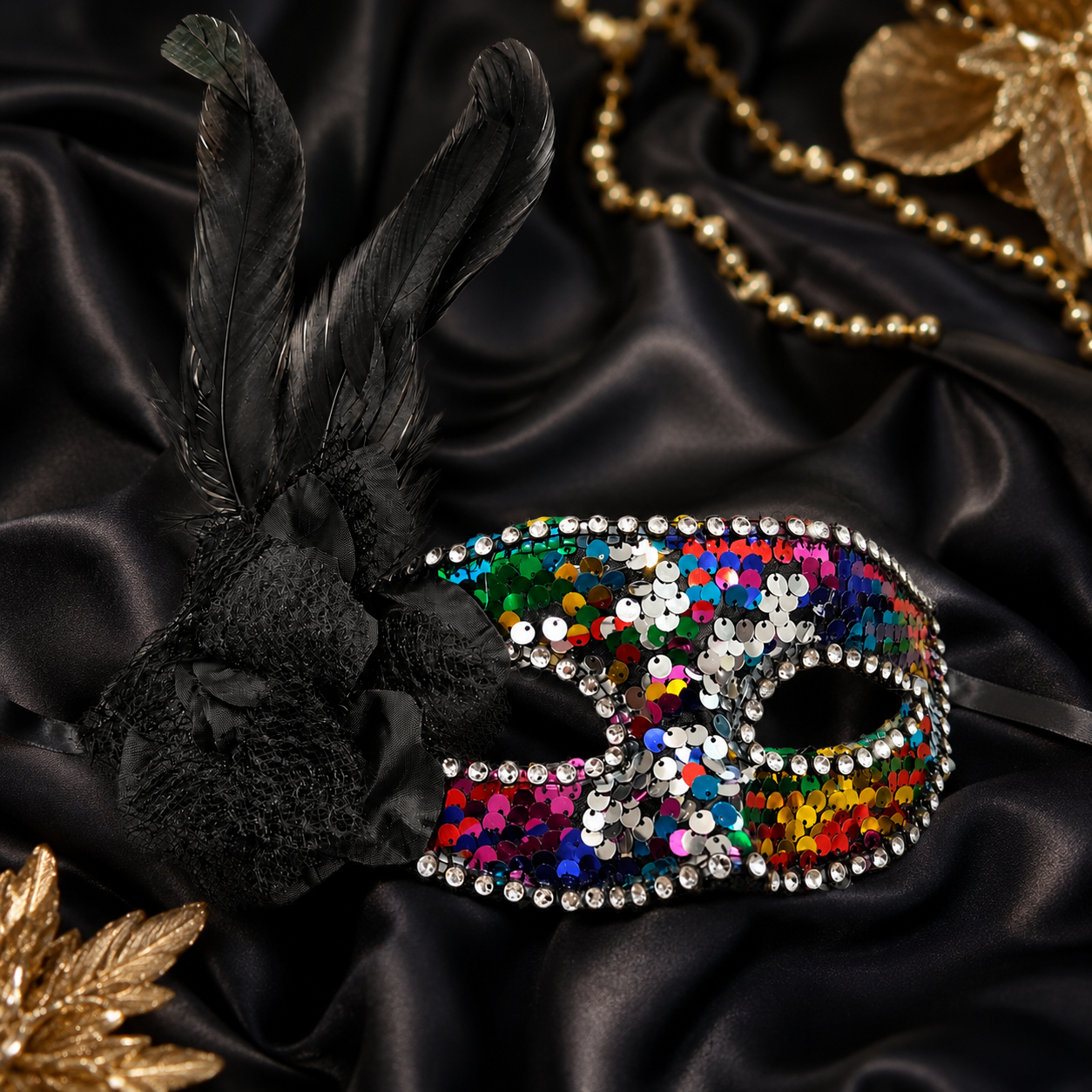 Multicolor Sequin Mask with Feather - 1PC