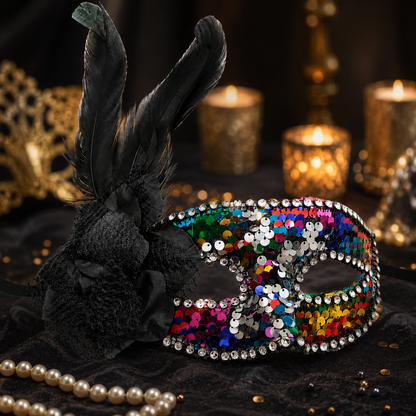 Multicolor Sequin Mask with Feather - 1PC