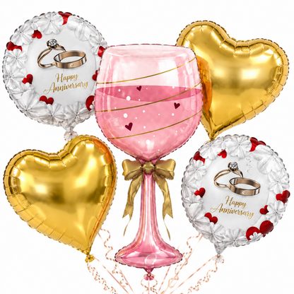Happy Anniversary Champagne Toast Glass Shaped Balloon Set - 5 PC