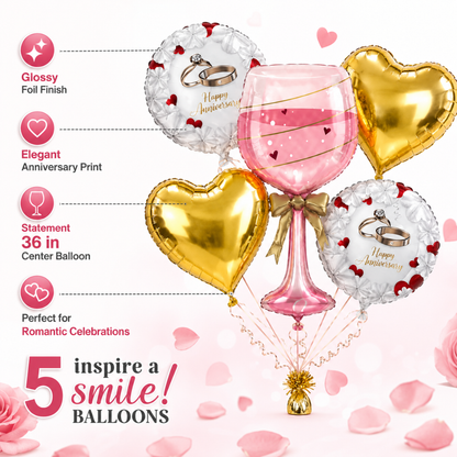Happy Anniversary Champagne Toast Glass Shaped Balloon Set - 5 PC