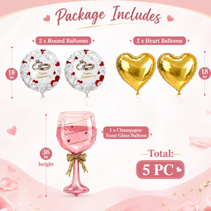 Happy Anniversary Champagne Toast Glass Shaped Balloon Set - 5 PC