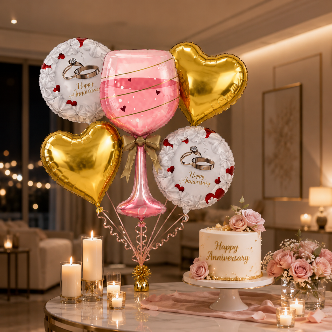 Happy Anniversary Champagne Toast Glass Shaped Balloon Set - 5 PC