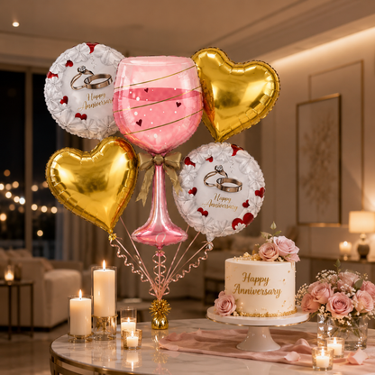 Happy Anniversary Champagne Toast Glass Shaped Balloon Set - 5 PC