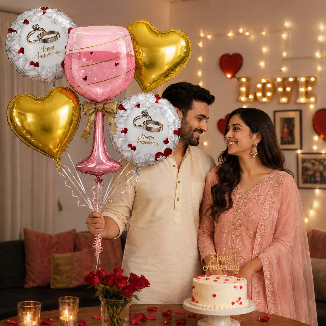 Happy Anniversary Champagne Toast Glass Shaped Balloon Set - 5 PC