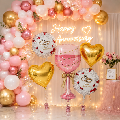 Happy Anniversary Champagne Toast Glass Shaped Balloon Set - 5 PC