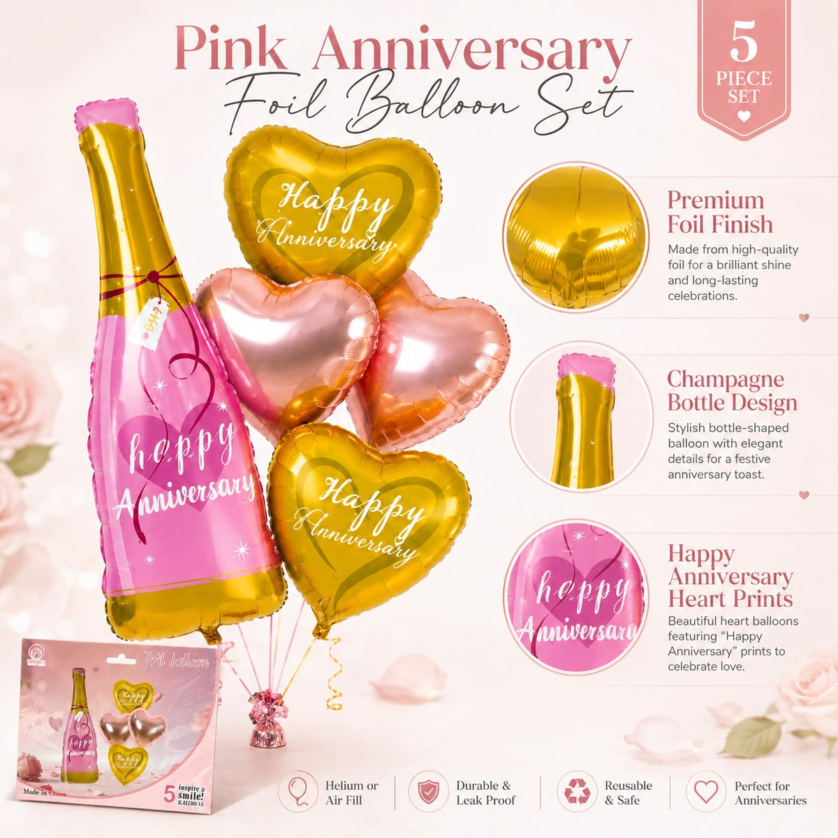 Happy Anniversary Pink Champagne Bottle Balloon Set - 5PC