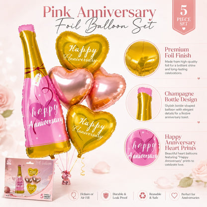 Happy Anniversary Pink Champagne Bottle Balloon Set - 5PC