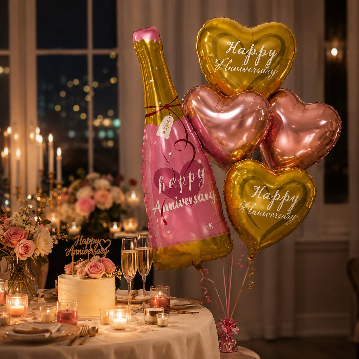 Happy Anniversary Pink Champagne Bottle Balloon Set - 5PC