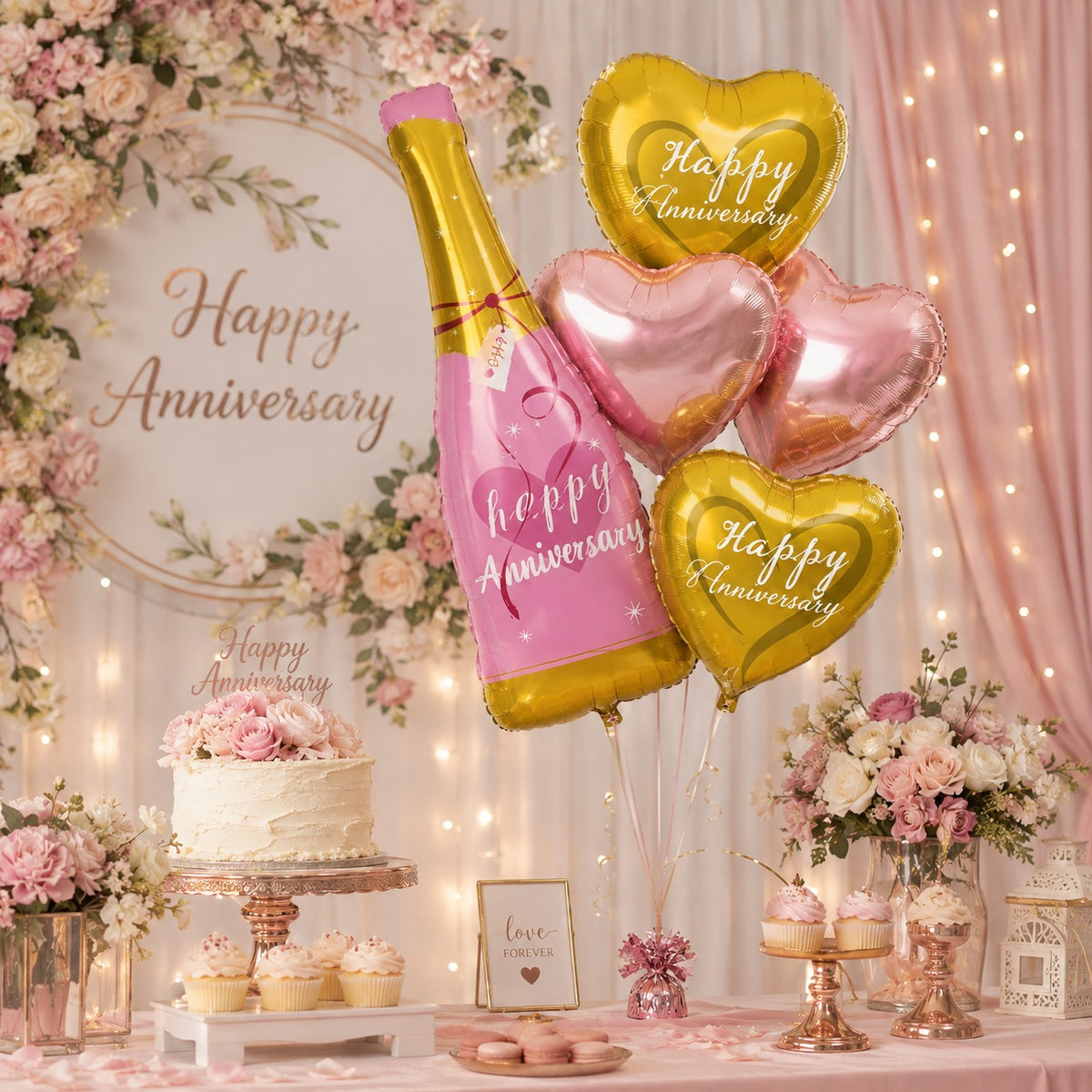 Happy Anniversary Pink Champagne Bottle Balloon Set - 5PC