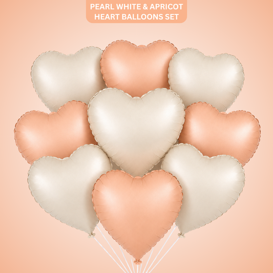 Heart Shaped Pearl White & Apricot Color Foil Balloons Set - 10PC | 18 inches | Helium Quality Balloons