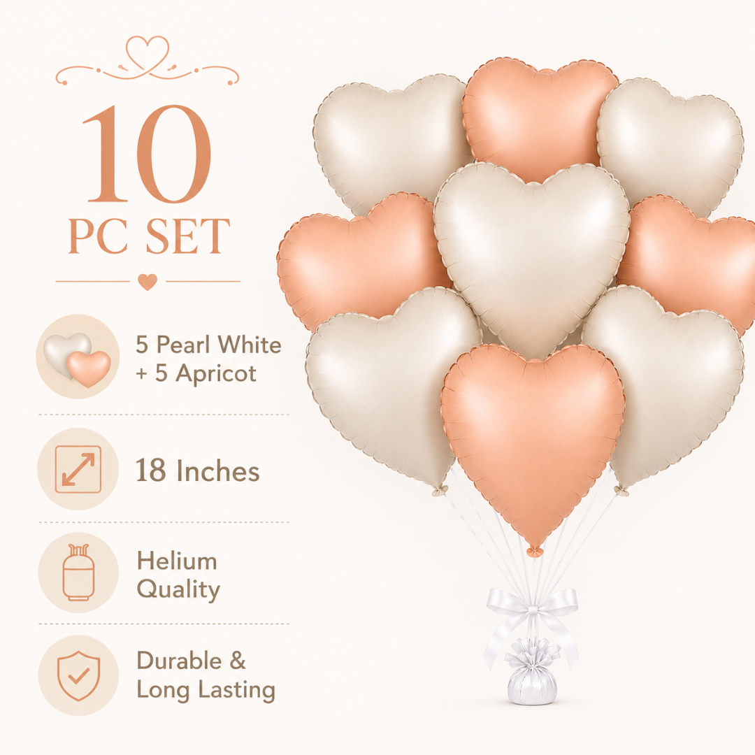 Heart Shaped Pearl White & Apricot Color Foil Balloons Set - 10PC | 18 inches | Helium Quality Balloons