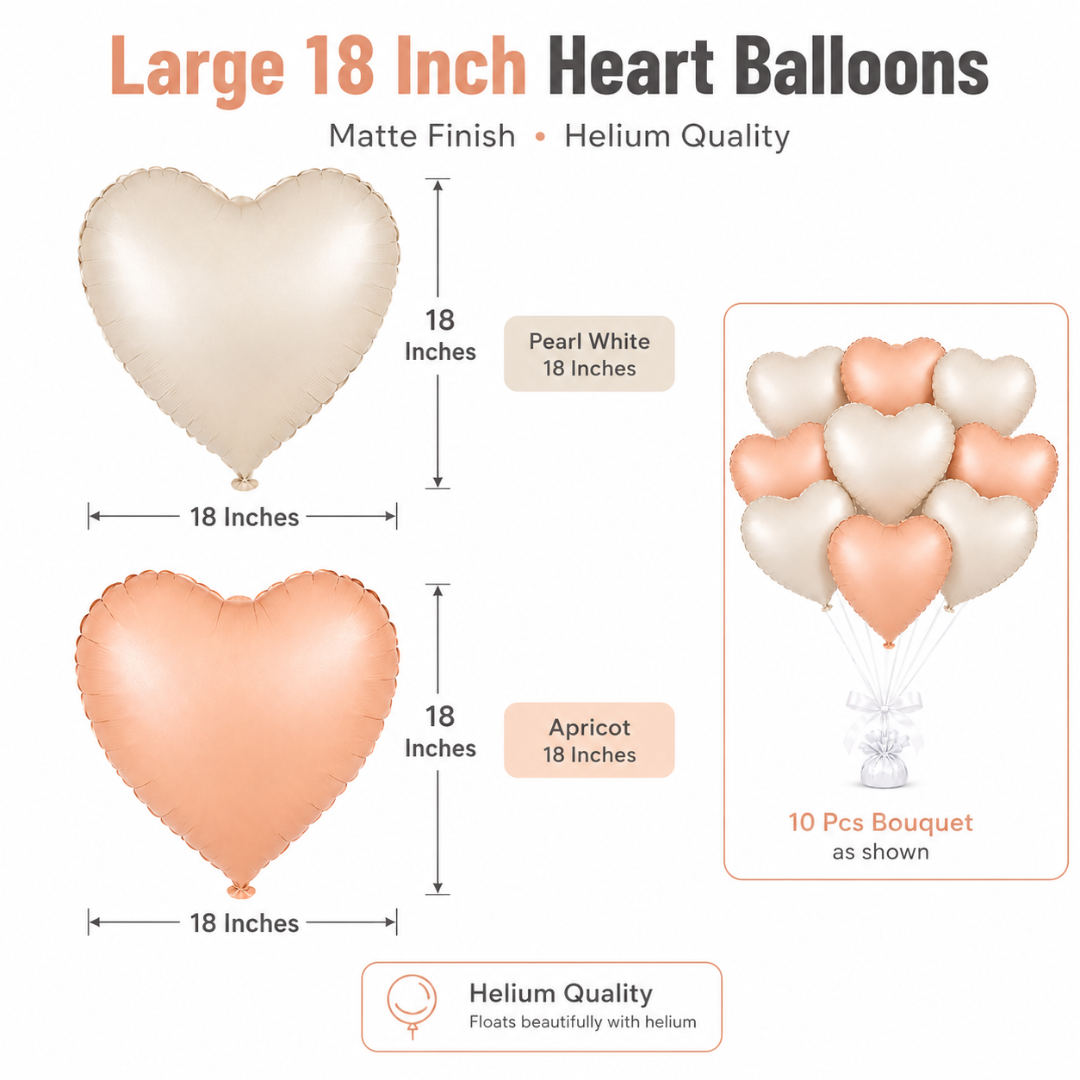 Heart Shaped Pearl White & Apricot Color Foil Balloons Set - 10PC | 18 inches | Helium Quality Balloons